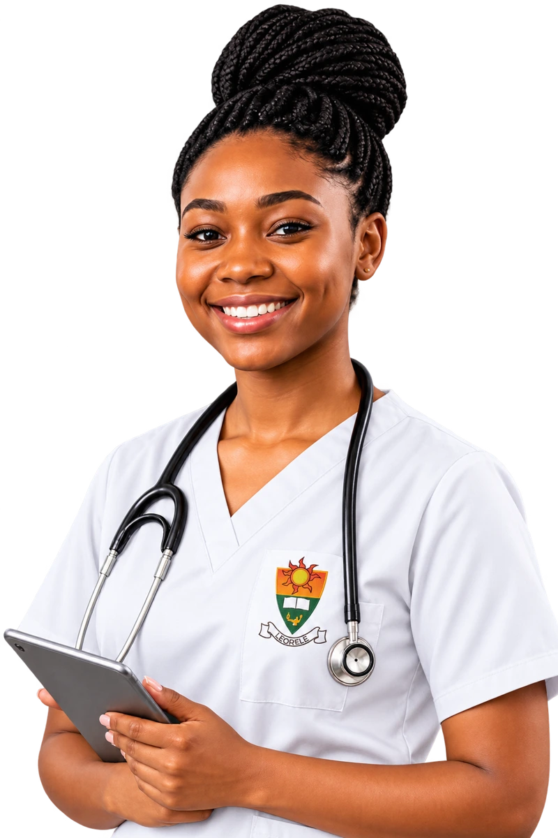 Nurse wearing a white top with the Letjhabile nursing college crest